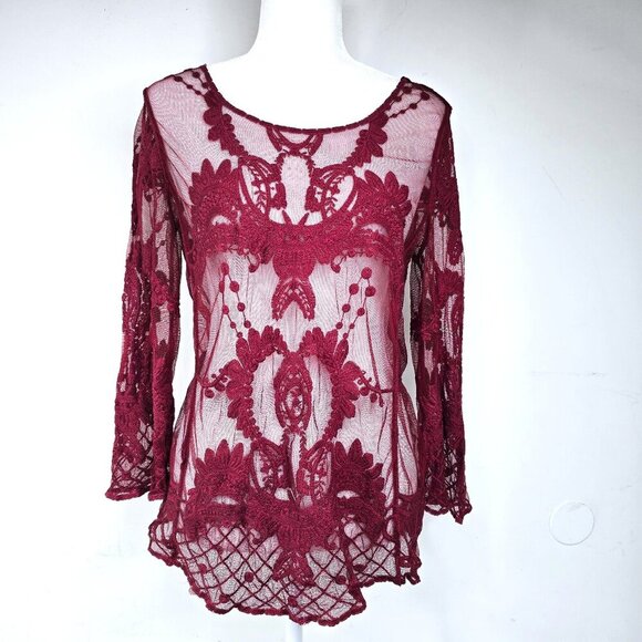 Saint Tropez Ruby Red Embroidered Sheer Long Sleeve Mesh Tunic Top - Picture 1 of 6